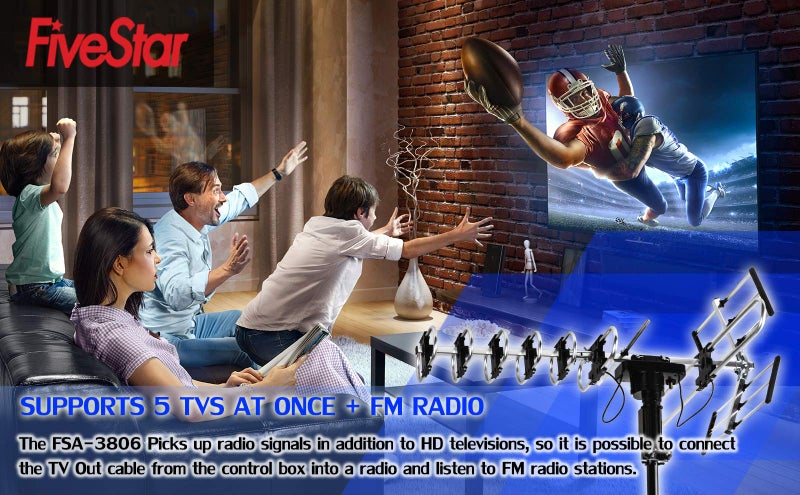 Five Star Outdoor HD TV Antenna Strongest Up to 200 Miles Long Range with Motorized 360 Degree Rotation, UHF/VHF/FM Radio with Infrared Remote Control Advanced Design Plus Installation Kit - Image 5